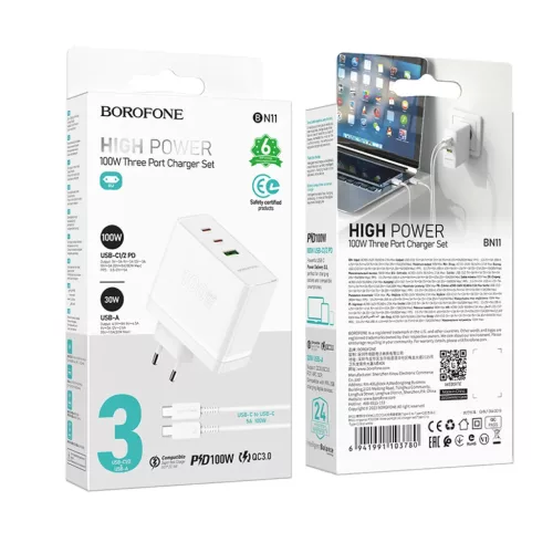 Borofone hálózati töltő BN11 Imperial - USB + 2xType C - QC 3.0 PD-6941991103780 9 kép