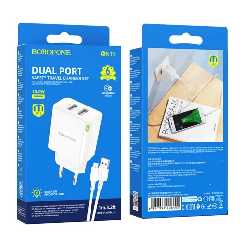 Borofone hálózati töltő BN15 Strong - 2xUSB - 2,1A USB-Micro USB k-6941991108402 9 kép