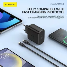 Foneng EU62 GaN 45W Hálózati töltő - Type C - Fekete-6970462514435 2 kép