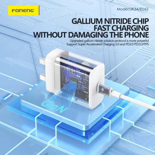 Foneng Fali töltő EU62 GaN - Type C - PD 45W Type C - Type C kábell-6970462514541 3 kép