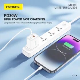 Foneng fali töltő EU52 - USB + Type-C - QC 3.0 PD 30W fehér-6970462511380 2 kép