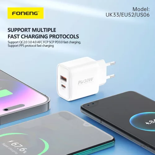 Foneng fali töltő EU52 - USB + Type-C - QC 3.0 PD 30W fehér-6970462511380 3 kép