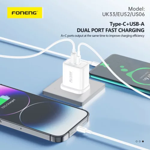 Foneng fali töltő EU52 - USB + Type-C - QC 3.0 PD 30W fehér-6970462511380 5 kép