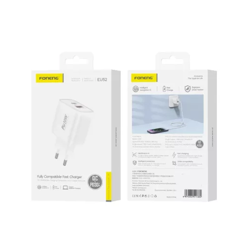 Foneng fali töltő EU52 - USB + Type-C - QC 3.0 PD 30W fehér-6970462511380 7 kép