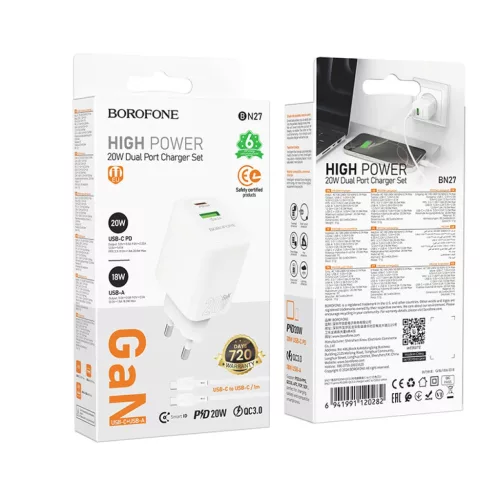Borofone Fali töltő BN27 Fuente - USB + Type C - QC 3.0 PD 20W Type -6941991120282 9 kép