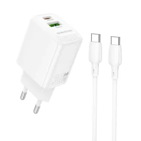   Borofone fali töltő BN29 Fuente - USB + Type C - QC 3.0 PD 30W Type C - Type C kábellel fehér GaN