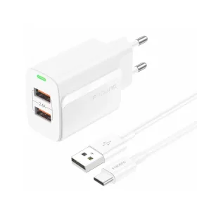   Foneng fali töltő EU63 - 2xUSB - 12W USB-ről Type C kábel fehér