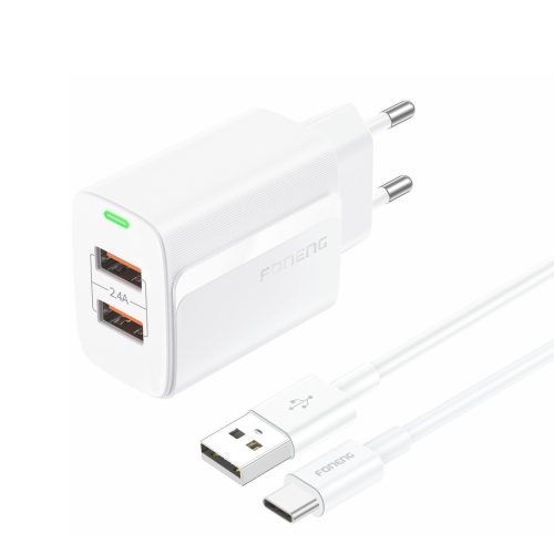 Foneng fali töltő EU63 - 2xUSB - 12W USB-ről Type C kábel fehér-6970462513414 1 kép