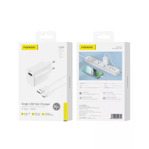Foneng Fali töltő EU64 - USB - 18W USB - Type C kábellel fehér-6970462514701 5 kép