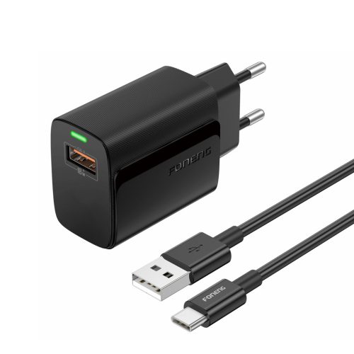 Foneng EU64 fali töltő - USB - 18W, USB típusú C kábel fekete-6970462514879 1 kép