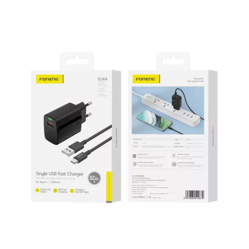 Foneng EU64 fali töltő - USB - 18W, USB típusú C kábel fekete-6970462514879 5 kép