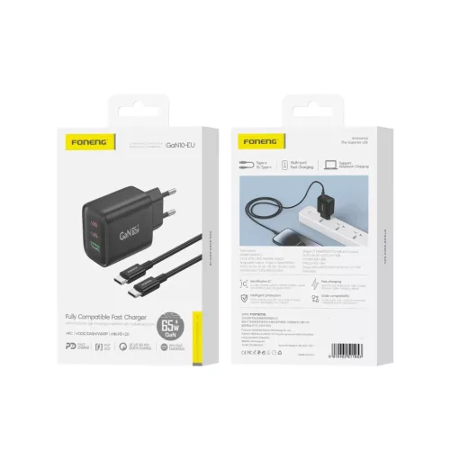 Foneng fali töltő GaN10-EU - USB + 2xType C - QC 4.0+ PD 65W Type C -6970462511953 9 kép