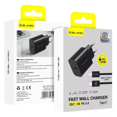 Blavec fali töltő BC-9 - Type C - PD 20W 3A Type C - Type C kábelle-5900217482055 8 kép