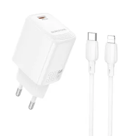   Borofone hálózati töltőadapter BN28 Fuente - Type C - PD 30W Type C - Lightning kábellel, fehér GaN