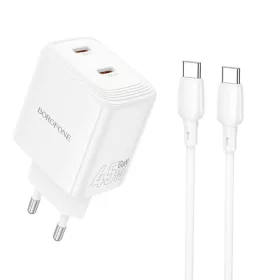   Borofone Wall charger BN31 Cargador GaN - 2xType C - QC 3.0 PD 45W with Type C to Type C cable white