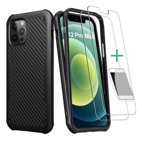 iPhone 12 Pro Max Defender Szilikon tok fekete + Kijelzővédő üvegfólia