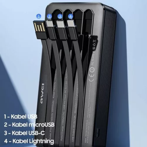 Powerbank 20000mAh Kijelzővel + Kábelek USB/PD/iPhone Lightning/Micr-6954284004275 7 kép