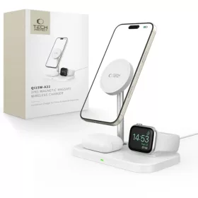   Tech-Protect QI15W-A22 induktív MagSafe töltő 3in1 MagSafe állvánnyal okostelefonhoz / Apple Watch-hoz / AirPods-hoz - fehér