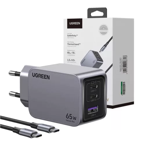 Ugreen Nexode Pro hálózati töltő, USB + 2x USB-C, 65W + USB-C káb-6941876228713 2 kép