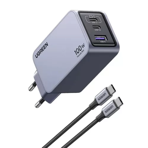 Ugreen Nexode Pro 100W hálózati töltő, GaN, USB + 2x USB-C (szürk-6941876228744 2 kép