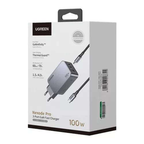 Ugreen Nexode Pro 100W hálózati töltő, GaN, USB + 2x USB-C (szürk-6941876228744 3 kép
