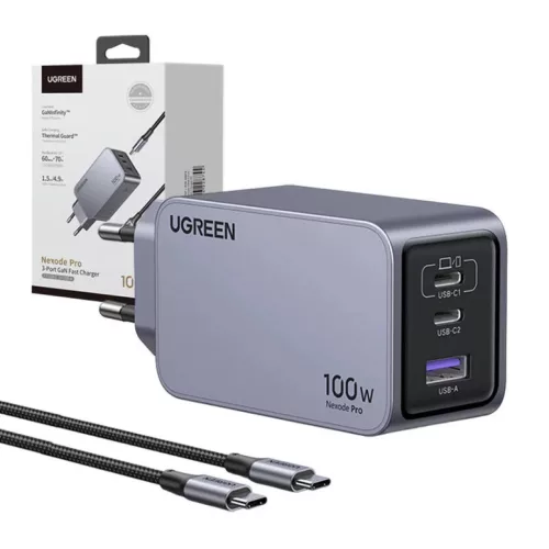 Ugreen Nexode Pro 100W hálózati töltő, GaN, USB + 2x USB-C (szürk-6941876228744 4 kép
