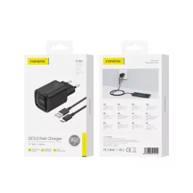 FONENG fali töltő EU68 18W 1xUSB QC3.0 + USB-C kábel Fekete-6970462515142 1 kép