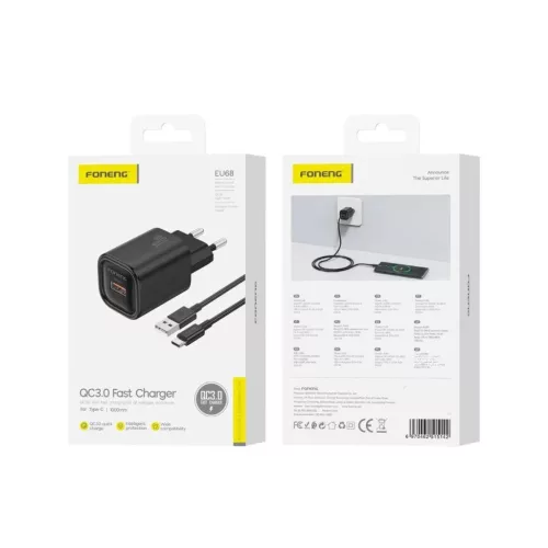 FONENG fali töltő EU68 18W 1xUSB QC3.0 + USB-C kábel Fekete-6970462515142 1 kép