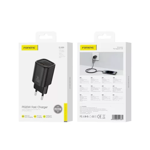 FONENG EU69 fali töltő PD 20W 1xUSB-C Fekete-6970462514381 1 kép