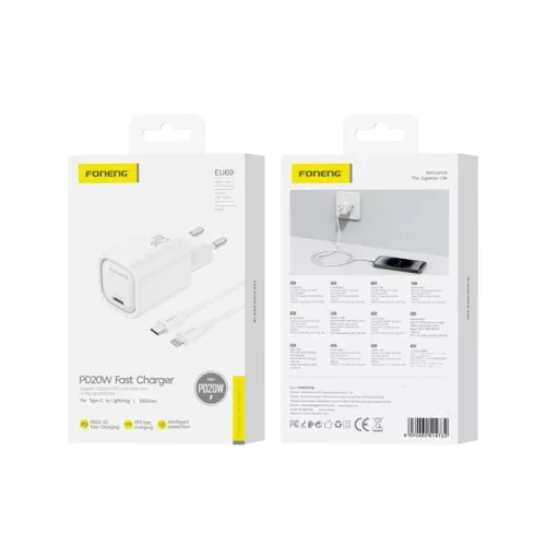 FONENG EU69 fali töltő PD 20W 1xUSB-C + USB-C - Lightning kábel Feh-6970462514732 1 kép