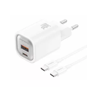   FONENG fali töltő EU71 PD 30W 1xUSB-C + 1xUSB QC3.0 + kábel USB-C - USB-C Fehér