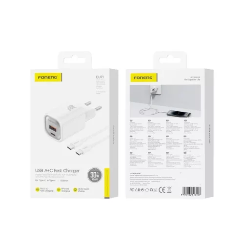 FONENG fali töltő EU71 PD 30W 1xUSB-C + 1xUSB QC3.0 + kábel USB-C --6970462513407 2 kép