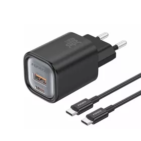   FONENG EU71 fali töltő PD 30W 1xUSB-C + 1xUSB QC3.0 + USB-C - USB-C kábel Fekete