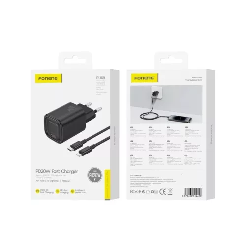 FONENG EU69 PD 20W fali töltő 1xUSB-C + USB-C - Lightning kábel Fek-6970462514428 2 kép