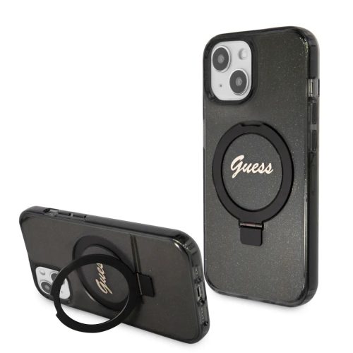 Guess IML Ring Stand Glitter MagSafe tok iPhone 15 Fekete