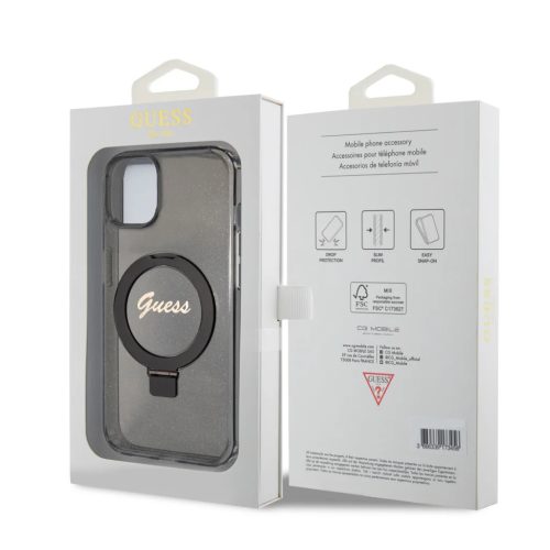 Guess IML Ring Stand Glitter MagSafe tok iPhone 15 Fekete-3666339156329 7 kép