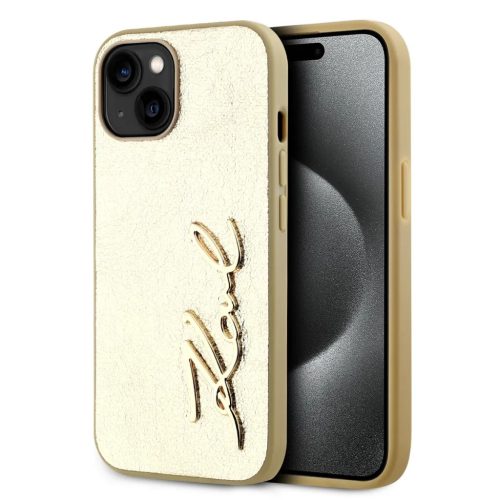Karl Lagerfeld Wrinkled PU Signature Logo tok iPhone 14 Gold-3666339255404 1 kép