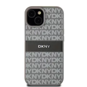 DKNY PU bőr ismétlődő minta tónusú csíkos tok iPhone 15 Bézs-3666339260538 2 kép