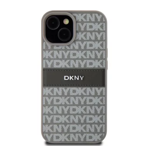 DKNY PU bőr ismétlődő minta tónusú csíkos tok iPhone 15 Bézs-3666339260538 2 kép