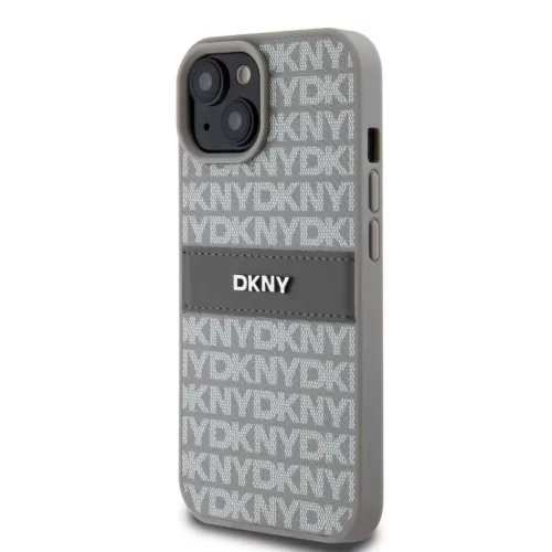 DKNY PU bőr ismétlődő minta tónusú csíkos tok iPhone 15 Bézs-3666339260538 3 kép
