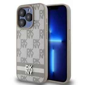   DKNY PU bőr kockás és csíkos tok iPhone 14 Pro Max-hoz Bézs
