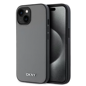   DKNY PU Bőr Ezüst Fém Logós Magsafe iPhone 15 Tok Szürke