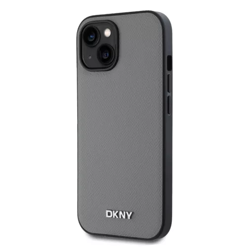 DKNY PU Bőr Ezüst Fém Logós Magsafe iPhone 15 Tok Szürke-3666339263898 3 kép