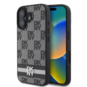    iPhone 16 Fekete DKNY PU bőr kockás mintás és csíkos tok