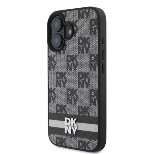  iPhone 16 Fekete DKNY PU bőr kockás mintás és csíkos tok-3666339334109 3 kép