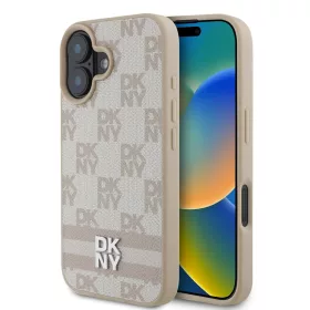    iPhone 16 Rózsaszín DKNY PU bőr kockás mintás és csíkos tok