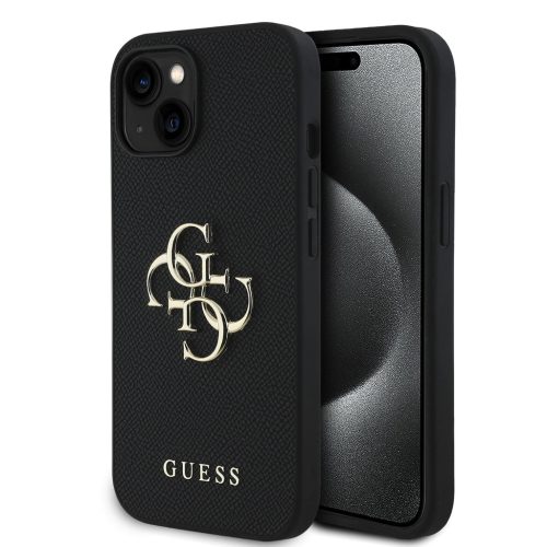 Guess PU Grained 4G Fém Logós tok iPhone 15-höz Fekete