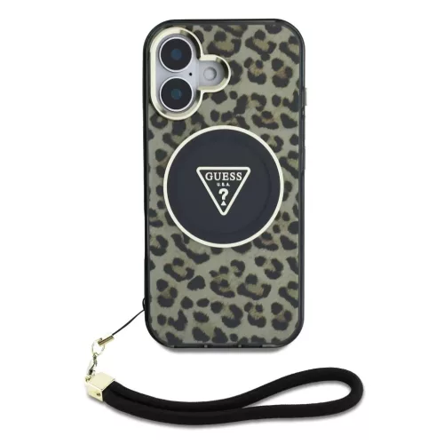  iPhone 16 Barna Guess IML Leopard Triangle Logo Strap MagSafe tok-3666339432614 2 kép