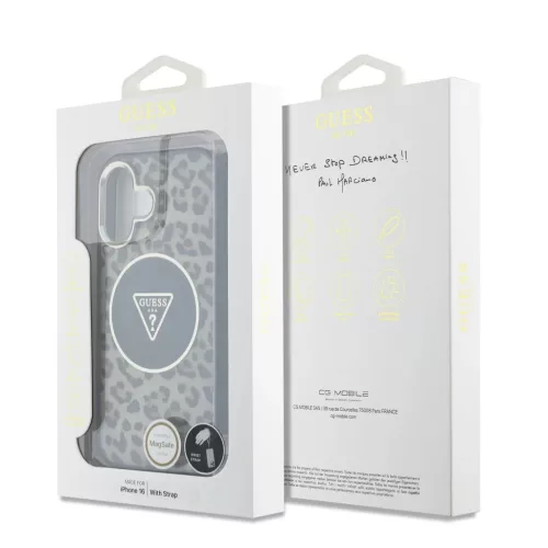  iPhone 16 Barna Guess IML Leopard Triangle Logo Strap MagSafe tok-3666339432614 6 kép