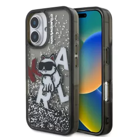    iPhone 16 fekete Karl Lagerfeld Liquid Glitter Scattered Choupette tok